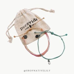 Pura Vida Set of 2 Bracelets Pineapple Bitty Braid & Multicolor With Bag